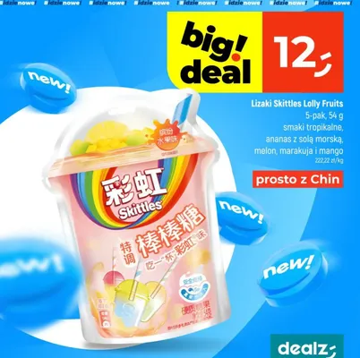 Lizaki Lolly Fruits 5-pak, smaki tropikalne, ananas z solą morską, melon, marakuja i mango promocja w Dealz