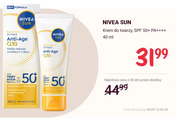 Krem do twarzy NIVEA SUN Anti-Age Q10 SPF 50+ PA++++ promocja w Rossmann