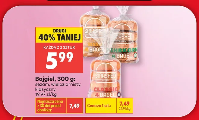 Bajgiel Smashed klasyczny 4-pak 300g promocja w Biedronka