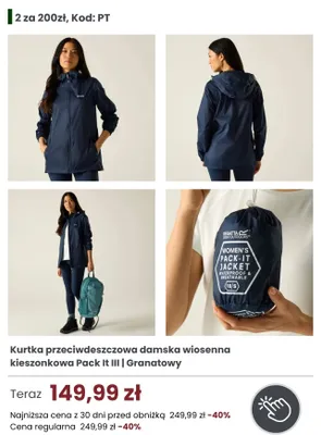 Kurtka przeciwdeszczowa damska wiosenna kieszonkowa Regatta Great Outdoors Pack It III Granatowy promocja w Regatta