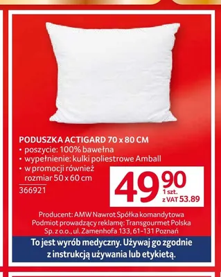 Poduszka Actigard 70x80 cm promocja w Selgros