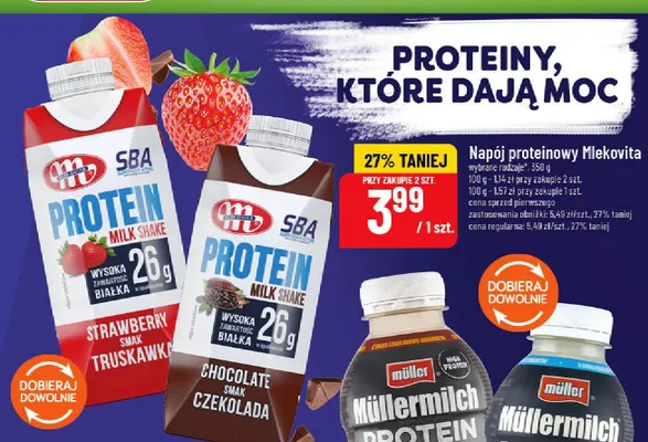 Napój proteinowy Mlekovita SBA Protein Milk Shake o smaku truskawkowym promocja w POLOmarket