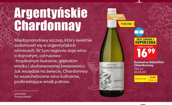 Wino białe Exclusive Selection Chardonnay promocja w Biedronka