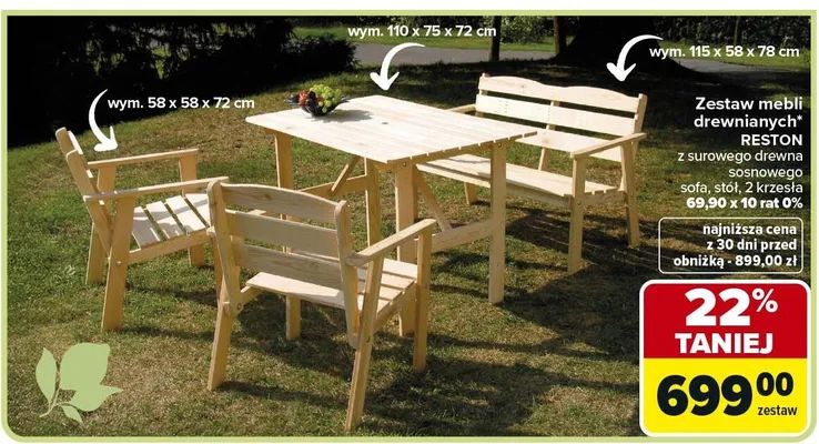 Zestaw mebli drewnianych Reston z surowego drewna sosnowego sofa, stół, 2 krzesła promocja w Carrefour