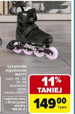 Łyżworolki regulowane Matty rozm. 35 - 39, 39 - 42 aluminiowa płoza, łożyska Abec9 promocja w Carrefour