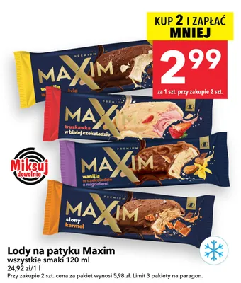 Lody na patyku Maxim wanilia w czekoladzie z migdałami promocja w LEWIATAN