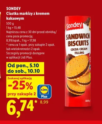 Ciastka markizy z kremem kakaowym Sondey promocja w Lidl