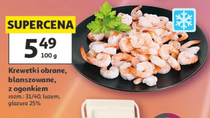 Krewetki obrane blanszowane z ogonkiem rozm.: 31/40 luzem glazura 25% promocja w Auchan