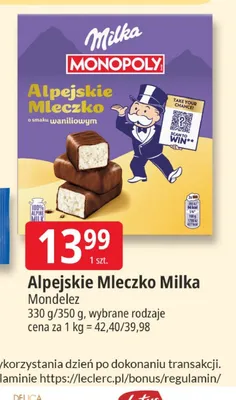 Alpejskie Mleczko Milka o smaku waniliowym promocja w Leclerc