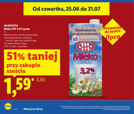 Mleko UHT 3,2% Łączka Mlekovita promocja w Lidl