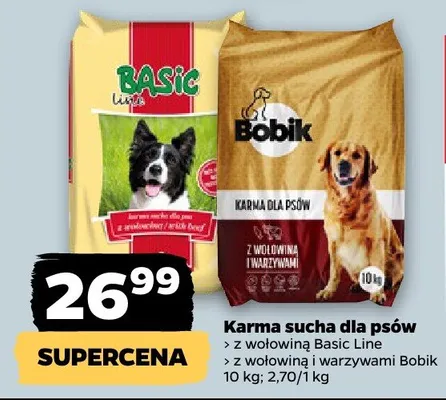 Karma sucha dla psów z wołowiną Basic Line, z wołowiną i warzywami Bobik promocja w Netto