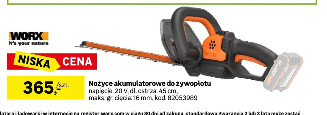 Nożyce akumulatorowe do żywopłotu WORX napięcie: 20V, dł. ostrza: 45cm, maks. gr. cięcia: 16mm promocja w Leroy Merlin