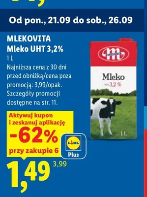 Mleko UHT Mlekovita 3,2% promocja w Lidl