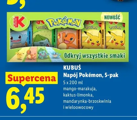 Napój Pokémon, 5-pak mandarynka-brzoskwinia i wieloowocowy promocja w Lidl