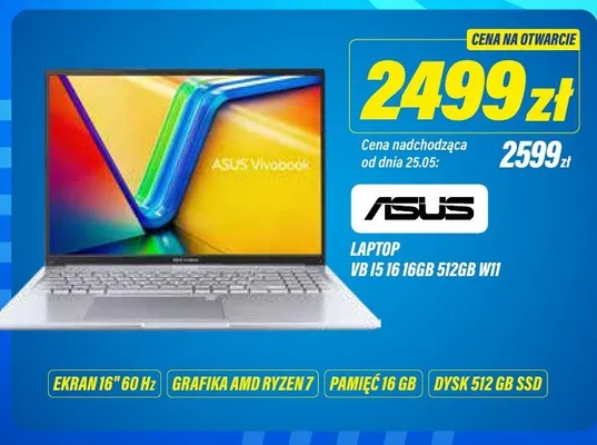 Laptop ASUS VB 15 I6 16GB 512GB W11 Ekran 16" 60Hz Grafika AMD Ryzen 7 Pamięć 16 GB Dysk 512 GB SSD promocja w RTV EURO AGD