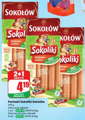 Parówki Sokoliki drobiowo-cielęce 2+1GRATIS promocja w Dino