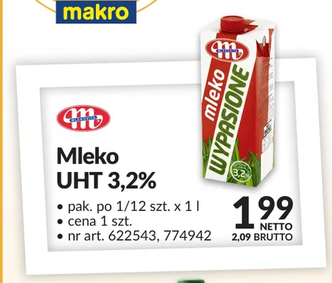 Mleko UHT Wypasione Mlekovita 3,2% promocja w Makro