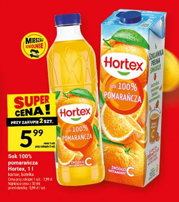 Sok pomarańcza Hortex butelka 100% promocja w Twój Market