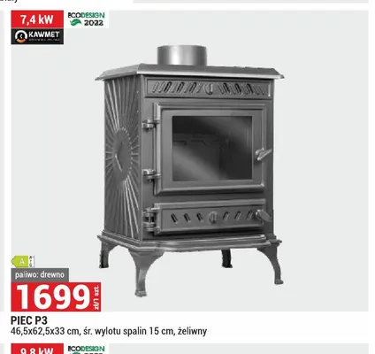 Piec Kawmet P3 7,4kW 46,5x62,5x33cm śr. wylotu spalin 15cm żeliwny promocja w Merkury Market