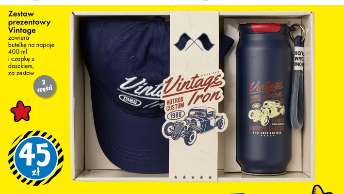 Zestaw prezentowy butelka na napoje 400 ml + czapka z daszkiem Vintage promocja w Tedi