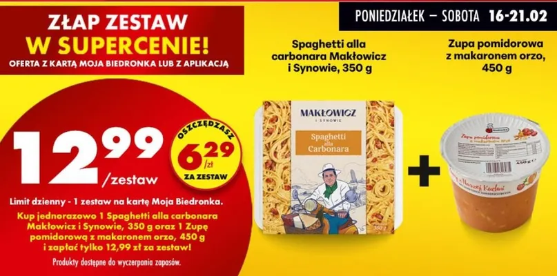 Zestaw - Spaghetti alla carbonara Makłowicz i Synowie + zupa pomidorowa z makaronem orzo promocja w Biedronka