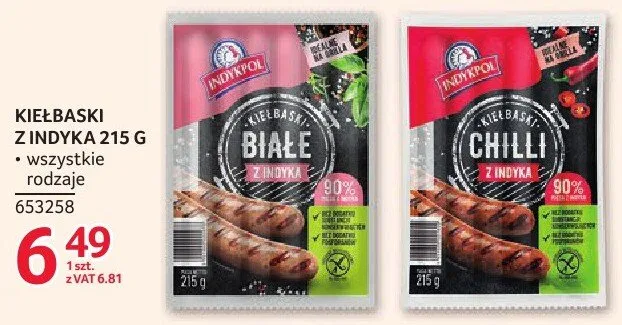 Kiełbaski z indyka Indykpol 215g wszystkie rodzaje promocja w Selgros