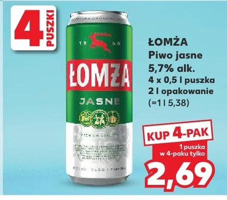 Piwo Łomża jasne 5,7% alk. 4-pak promocja w Kaufland