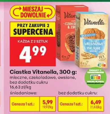 Ciastka owsiane bez dodatku cukru Vitanella promocja w Biedronka
