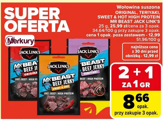 Wołowina suszona Original, Teriyaki, Sweet Chilli High Protein Mr Beast Jack Link's promocja w Carrefour Market