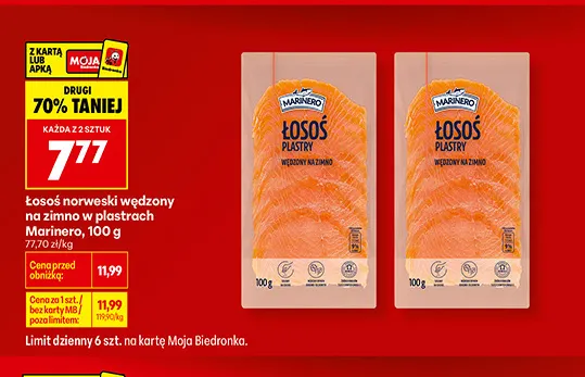 Łosoś norweski wędzony na zimno w plastrach Marinero promocja w Biedronka