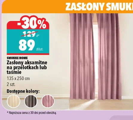 Zasłony aksamitne na przelotkach lub taśmie 135x250 cm 2 szt. Smukke Home promocja w Biedronka Home