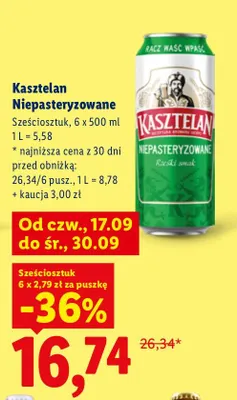 Piwo Kasztelan Niepasteryzowane 6-pak promocja w Lidl