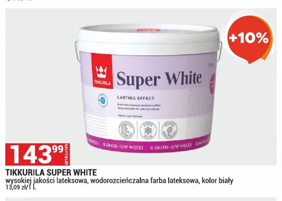 Farba lateksowa Tikkurila Super White wodorozcieńczalna kolor biały promocja w Merkury Market