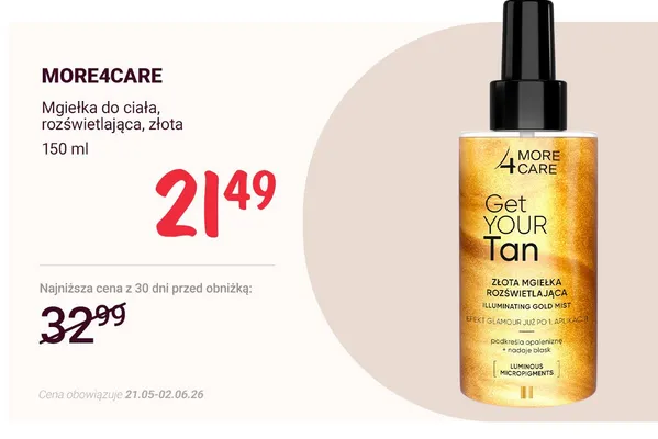 Mgiełka do ciała rozświetlająca złota More4Care promocja w Rossmann