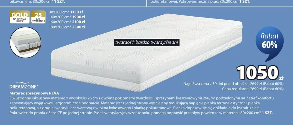 Materac sprężynowy Dreamzone Reva 80x200 cm promocja w Jysk