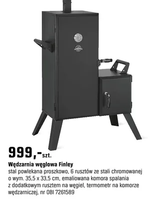 Wędzarnia węglowa Finley stal powlekana proszkowo, 6 rusztów ze stali chromowanej o wym. 35.5 x 33.5 cm, emaliowana komora spalania z dodatkowym rusztem na węgiel, termometr na komorze wędzarniczej promocja w OBI