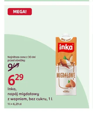 Napój migdałowy z wapniem bez cukru Inka promocja w Rossmann