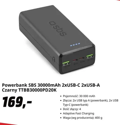 Powerbank SBS 30000mAh Czarny promocja w Media Markt