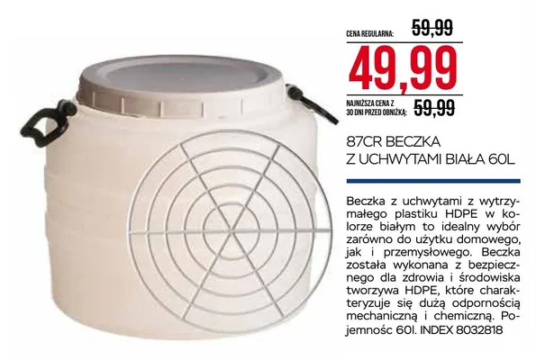 Beczka z uchwytami biała 87CR 60l promocja w Abra Meble