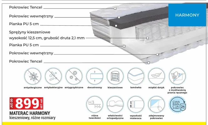Materac Harmony kieszeniowy promocja w Merkury Market