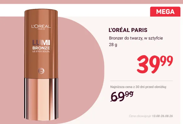 Bronzer do twarzy w sztyfcie L'Oréal Paris Lumi Bronze Le Stick Soleil promocja w Rossmann