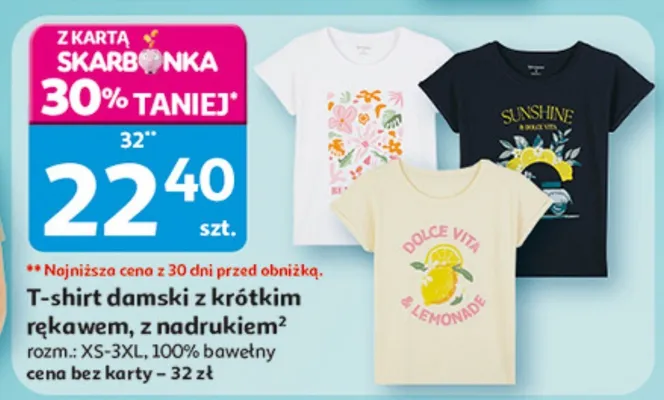 T-shirt damski z krótkim rękawem, z nadrukiem, rozm. XS-3XL, 100% bawełny promocja w Auchan