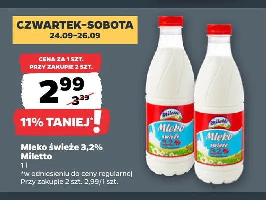 Mleko świeże Miletto 3,2% promocja w Netto