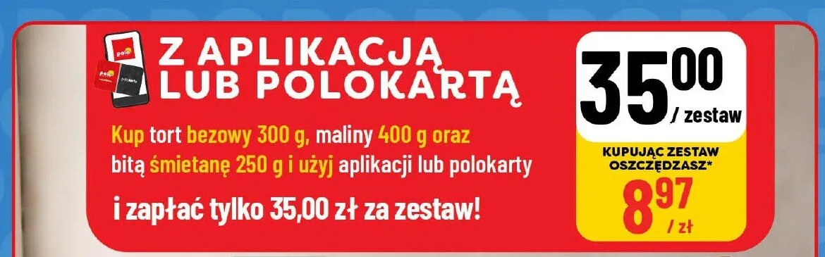 Zestaw: Tort bezowy Łubnica 300 g, Maliny Zaczarowany Ogród 400 g, Bita śmietana President 250 g promocja w POLOmarket