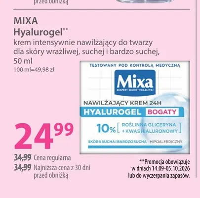 Hyalurogel krem intensywnie nawilżający do twarzy dla skóry wrażliwej, suchej i bardzo suchej Mixa promocja w Hebe