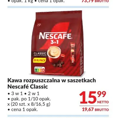 Kawa rozpuszczalna w saszetkach Nescafé Classic 2 w 1 20-pak promocja w Makro