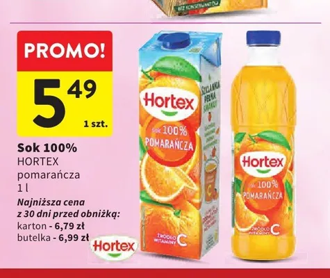 Sok 100% Hortex Pomarańcza karton promocja w Intermarche