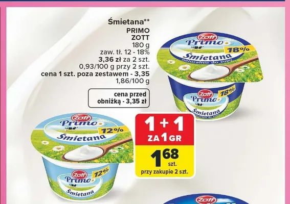 Śmietana 18% Zott Primo promocja w Carrefour