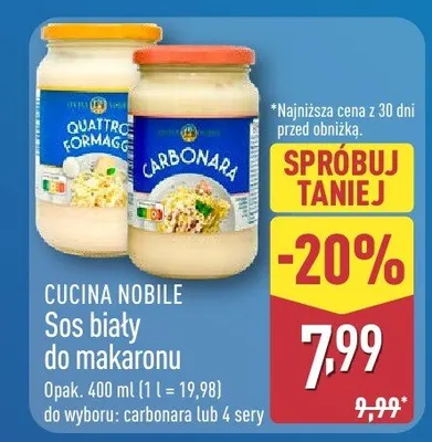 Sos biały do makaronu carbonara lub 4 sery promocja w Aldi