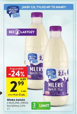 Mleko świeże Z Mlecznej Drogi bez laktozy 2,0% promocja w Intermarche